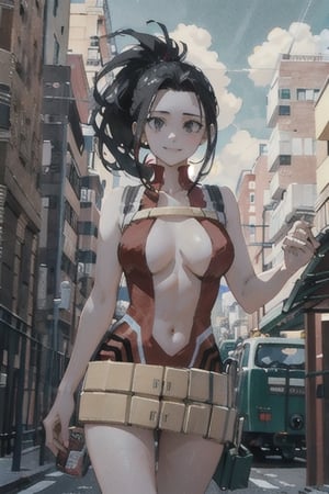 masterpiece, best quality, highres, 1girl, yaoyorozu momo, black hair, ponytail, hair pulled back, black eyes, large breasts, red leotard, navel, bare arms, bare legs, belt, , smile, standing, cowboy shot, straight-on, arms at sides, looking at viewer, outdoors, navel cutout,cartoon