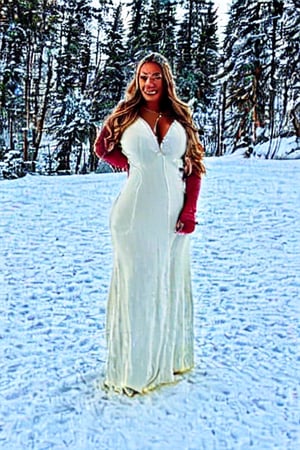 1girl, solo, gigantic breasts, full body, snowy background, maxi dress, halfout,   