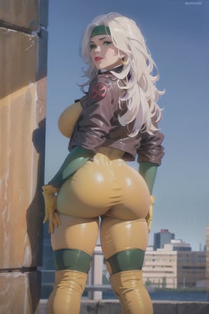 Rear view, 8k, best quality, real picture, intricate details, ultra-detailed, ultra highres, depth field,(photorealistic,realistic:1.2), masterpiece,, full body, large breast, rogue, green eyes, white hair, multicolor hair, messy hair, long hair, wavy hair, headband, bodysuit, lipstick, yellow gloves, solo_female, sun, blue sky, best quality, realistic, photorealistic, (intricate details:1.2), (delicate detailed), (cinematic light), clear line, sharp focus, realistic face, detailed body, unity 8k wallpaper, ultra high res, (photorealistic:1.4), looking at viewer ,round ass,Rogue,CARTOON_X_MENs_Rogue,ownwaifu, shiny lips