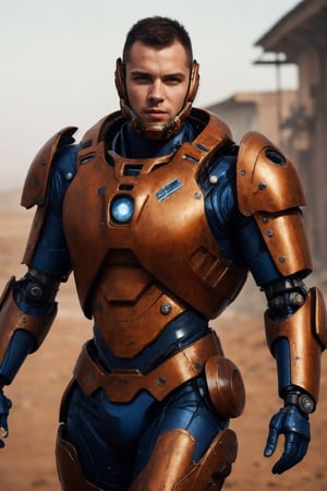 Portrait photo of muscular guy in a worn mech suit, ((light bokeh)), intricate, (steel metal [rust]), elegant, sharp focus, photo by greg rutkowski, soft lighting, vibrant colors, (masterpiece), ((streets)), (detailed face:1.2), (glowing blue eyes:1.1) big dick,in mars planet,futurist soldier