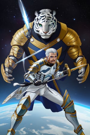 white tiger, mutant,solider,commander space, titan,muscle body, samurai style,humanoid,army, urmah warrior,ufo,green eyes,sword,big dick,golden armour,blue eyes,silver shield,golden claw,star trek logo,chief