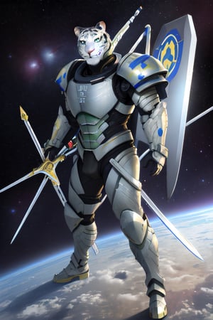 white tiger, mutant,solider,commander space, titan,muscle body, samurai style,humanoid,army, urmah warrior,ufo,green eyes,sword,big dick,golden armour,blue eyes,silver shield,golden claw,star trek ,logo,pilot_suit,power arms,smile,big ass