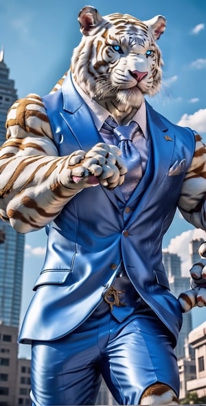 giant white tigger as a scarf, ultra high resolution, 8k photography, extremely detailed, (( realistic style blue suit:1.3)) ,  Custom design, shining body, glowing look, full shining suit, body, hues.,, perfect custom, holding gun pistol, weapon master, muscle body,big dick,soldier futurist