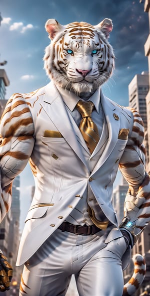 giant white tigger as a scarf, ultra high resolution, 8k photography, extremely detailed, (( realistic style white suit:1.3)) ,  Custom design, shining body, glowing look, full shining suit, body, hues.,, perfect custom, holding gun pistol, weapon master, muscle body,big dick,soldier futurist,james bond style