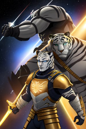 white tiger, mutant,solider,commander space, titan,muscle body, samurai style,humanoid,army, urmah warrior,ufo,green eyes,sword,big dick,golden armour,blue eyes,silver shield,golden claw,space_ ship