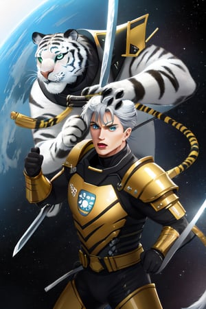 white tiger, mutant,solider,commander space, titan,muscle body, samurai style,humanoid,army, urmah warrior,ufo,green eyes,sword,big dick,golden armour,blue eyes,silver shield,golden claw,star trek logo