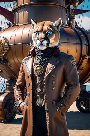  pirate, airship in the background, steampunk, 8k, hyperreal, direct sunlight,bue eyes,cougar mutant,handsome,human face,cougar face ,khaiijit puma facegolen jacket