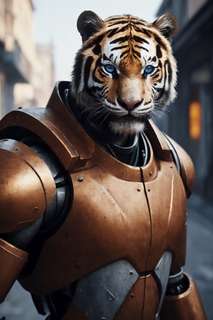 Portrait photo of muscular guy in a worn mech suit, ((light bokeh)), intricate, (steel metal [rust]), elegant, sharp focus, photo by greg rutkowski, soft lighting, vibrant colors, (masterpiece), ((streets)), (detailed face:1.2), (glowing blue eyes:1.1) big dick,white tiger mutant,golden armour,white tiger mutant face