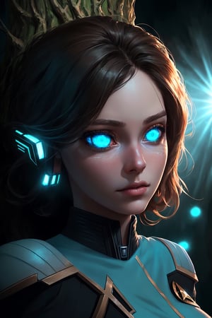 1girl, The sunlight shines down upon it, bringing with it swirling magical lights, the forbidden tree, dynamic lighting, fantasy concept art,(detailed face:1.2), (detailed eyes:1.2), (detailed background)big tits,star trek uniform,beautifull eyes,green eyes