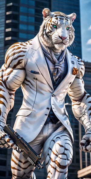 giant white tigger as a scarf, ultra high resolution, 8k photography, extremely detailed, (( realistic style white suit:1.3)) ,  Custom design, shining body, glowing look, full shining suit, body, hues.,, perfect custom, holding gun pistol, weapon master, muscle body,big dick,,black suit