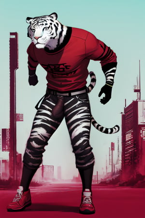 streetwear, white tiger, mutant, muscle body, samurai style, cyberpunk background, bright background,bick dick,powerfull legs,red shirt