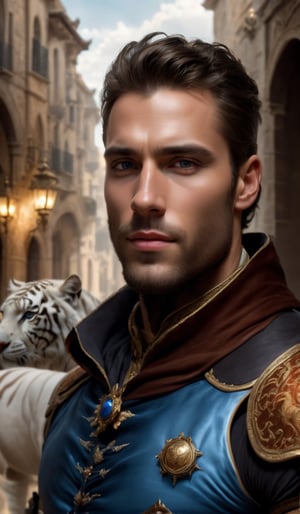 Create a (photorealistic):1,2 image of the highest quality featuring a male fairytale prince on a white tiger. Man full nude, emphasize his super muscular body, which is visible from under an expensive long cloak mantle trimmed with dark long fur, pay attention to his handsome face and large expressive gdazas. The horse on which he sits is a large, white one with a long mane. Detail the background of the fairyland and the field where the man is riding the horse. Atmosphere of the fairyland where magic, light and magic reign.big_cheeks,mexican_guy_BIG_DICK