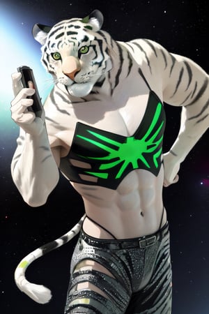 white tiger, mutant,solider,commander space, muscle body, samurai style, urmah warrior,realistic, green chemisse