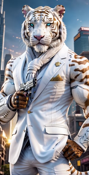giant white tigger as a scarf, ultra high resolution, 8k photography, extremely detailed, (( realistic style white suit:1.3)) ,  Custom design, shining body, glowing look, full shining suit, body, hues.,, perfect custom, holding gun pistol, weapon master, muscle body,big dick,soldier futurist