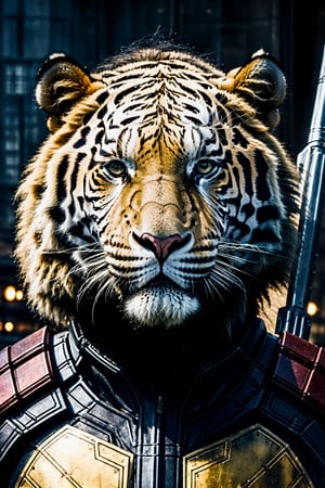 white tiger mutant as winter soldier, pyrokinesis, shield, masterpiece,HDR, ultra reallistic, Gotham city background,lion mutant face
