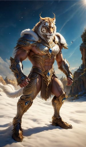 Create a (photorealistic):1,2 image of the highest quality featuring a male fairytale prince on a white tiger. Man full nude, emphasize his super muscular body, which is visible from under an expensive long cloak mantle trimmed with dark long fur, pay attention to his handsome face and large expressive gdazas. The horse on which he sits is a large, white one with a long mane. Detail the background of the fairyland and the field where the man is riding the horse. Atmosphere of the fairyland where magic, light and magic reign.big_cheeks,mexican_guy_BIG_DICK_star_trek_logo_POWERFULL_LEGS_STRONGER_