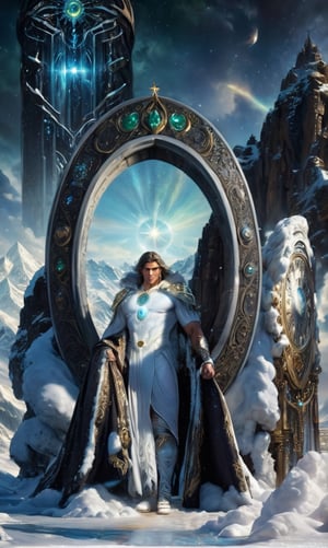 A muscular man stands naked in a wonderland, wearing a rich snow-white fur cape with a very long pile, from under which his extremely muscular body can be seen, the emphasis is on the male body. Above his head is a halo surrounded by a white cloud and golden holy light, the man is adorned with gold chains with precious stones, finger rings, a heavy belt with a band of gold with precious sparkling stones covering his penis. He has short blond hair with shaved temples and large expressive green eyes. A clock ticks in the distance. This scene seems like something out of the realm of fantasy or legend seen from above", DonMDj1nnM4g1cXL, , , , , , , , , ,DonMASKTexXL,mexican_guy_big_cheeks_black_hair_
