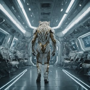 spaceship workspace, futuristic movie, clear cinematic shot + dynamic composition, incredibly detailed, sharpen, details + intricate detail + professional lighting, film lighting + Canon + lightroom + cinematography + HDR10 + 8K, ((cinematic)), Movie Still,white tiger mutant inside,giant,flight_suit,golden cabine