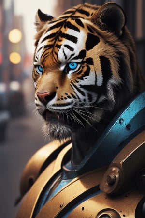 Portrait photo of muscular guy in a worn mech suit, ((light bokeh)), intricate, (steel metal [rust]), elegant, sharp focus, photo by greg rutkowski, soft lighting, vibrant colors, (masterpiece), ((streets)), (detailed face:1.2), (glowing blue eyes:1.1) big dick,white tiger mutant,golden armour,white tiger mutant face