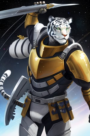 white tiger, mutant,solider,commander space, titan,muscle body, samurai style,humanoid,army, urmah warrior,ufo,green eyes,sword,big dick,golden armour,blue eyes,silver shield,golden claw,space_ ship