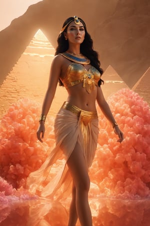  (in Egypt), (Egyptian gods), (Coral Pyramid Egypt behind), (character Isis), egyptian style, ((full body)), fire as part of human body, black_hair, nature, detailed makeup egyptian style, subsurface scattering, transparent, translucent skin, glow, bloom, Bioluminescent liquid,3d style,cyborg style,Movie Still,Leonardo Style, warm color, vibrant, volumetric light, xxmix_girl, Monica Bellucci, realistic skin:1.5, dfdd, (translucent blooms), aw0k, (((floating energy bubbles))), Floating:1.5, huayu, dancing, 6000, LostRuins, scenery, Dark,Sekmeth deity
