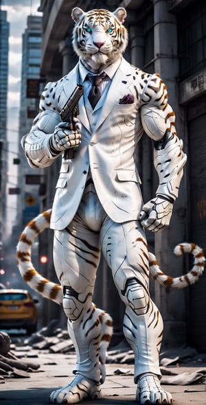 giant white tigger as a scarf, ultra high resolution, 8k photography, extremely detailed, (( realistic style white suit:1.3)) ,  Custom design, shining body, glowing look, full shining suit, body, hues.,, perfect custom, holding gun pistol, weapon master, muscle body,big dick,soldier futurist,black suit_james bond