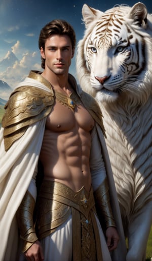 Create a (photorealistic):1,2 image of the highest quality featuring a male fairytale prince on a white tiger. Man full nude, emphasize his super muscular body, which is visible from under an expensive long cloak mantle trimmed with dark long fur, pay attention to his handsome face and large expressive gdazas. The horse on which he sits is a large, white one with a long mane. Detail the background of the fairyland and the field where the man is riding the horse. Atmosphere of the fairyland where magic, light and magic reign.big_cheeks,mexican_guy_BIG_DICK_star_trek_logo_