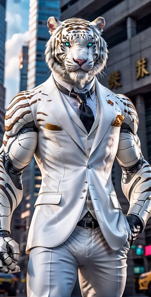 giant white tigger as a scarf, ultra high resolution, 8k photography, extremely detailed, (( realistic style white suit:1.3)) ,  Custom design, shining body, glowing look, full shining suit, body, hues.,, perfect custom, holding gun pistol, weapon master, muscle body,big dick,,james bond style,black suit,black jacket,Bblack costume