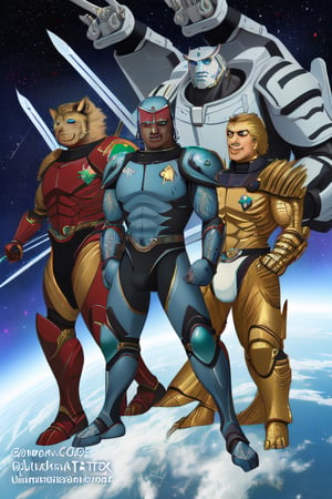 white tiger, mutant,solider,commander space, titan,muscle body, samurai style,humanoid,army, urmah warrior,ufo,green eyes,sword,big dick,golden armour,blue eyes,silver shield,golden claw,star trek ,logo,pilot_suit,power arms,smile,sable,thundercat,space_ship