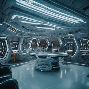 spaceship workspace, futuristic movie, clear cinematic shot + dynamic composition, incredibly detailed, sharpen, details + intricate detail + professional lighting, film lighting + Canon + lightroom + cinematography + HDR10 + 8K, ((cinematic)), Movie Still,white tiger mutant inside,giant