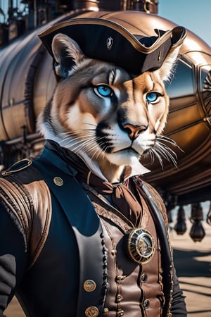 pirate, airship in the background, steampunk, 8k, hyperreal, direct sunlight,bue eyes,cougar mutant,handsome,human face,cougar face ,khaiijit puma face