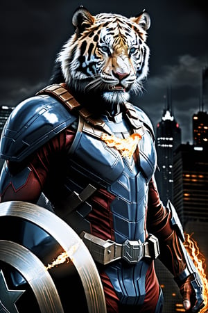 white tiger mutant as winter soldier, pyrokinesis, shield, masterpiece,HDR, ultra reallistic, Gotham city background,lion mutant face,handsome,medium human face
