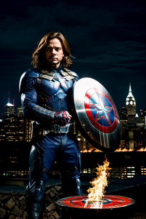 liono as winter soldier, pyrokinesis, shield, masterpiece,HDR, ultra reallistic, Gotham city background