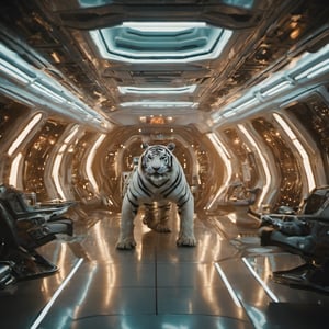 spaceship workspace, futuristic movie, clear cinematic shot + dynamic composition, incredibly detailed, sharpen, details + intricate detail + professional lighting, film lighting + Canon + lightroom + cinematography + HDR10 + 8K, ((cinematic)), Movie Still,white tiger mutant inside