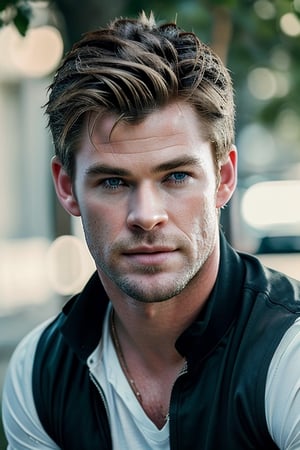 (Best quality, 8k, 32k, Masterpiece, UHD:1.2), 1guy, photo of a handsome Chris Hemsworth wearing a white shirt, great looking, posing , happy, looking at viewer, faint smile, eyes contact, focus, depth of field, film grain, ray tracing, detailed natural real skin texture, visible skin pores, detailed fabric rendering, anatomically correct, (MkmCut)mexican_guy_