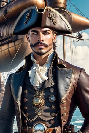  pirate, airship in the background, steampunk, 8k, hyperreal, direct sunlight,bue eyes,cougar mutant,handsome,human face