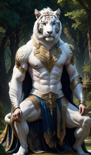 Create a (photorealistic):1,2 image of the highest quality featuring a male fairytale prince on a white tiger. Man full nude, emphasize his super muscular body, which is visible from under an expensive long cloak mantle trimmed with dark long fur, pay attention to his handsome face and large expressive gdazas. The horse on which he sits is a large, white one with a long mane. Detail the background of the fairyland and the field. Atmosphere of the fairyland where magic, light and magic reign.big_cheeks,mexican_guy_
