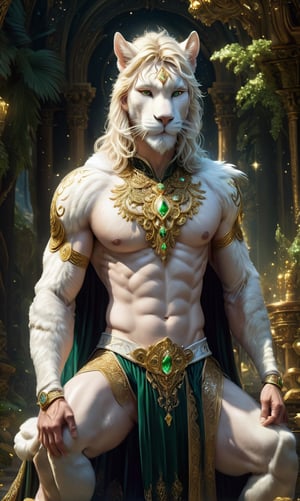 A muscular man stands naked in a wonderland, wearing a rich snow-white fur cape with a very long pile, from under which his extremely muscular body can be seen, the emphasis is on the male body. Above his head is a halo surrounded by a white cloud and golden holy light, the man is adorned with gold chains with precious stones, finger rings, a heavy belt with a band of gold with precious sparkling stones covering his penis. He has short blond hair with shaved temples and large expressive green eyes. A clock ticks in the distance. This scene seems like something out of the realm of fantasy or legend seen from above", DonMDj1nnM4g1cXL, , , , , , , , , ,DonMASKTexXL,mexican_guy_big_cheeks_black_hair_POWERFULL_LEGS_