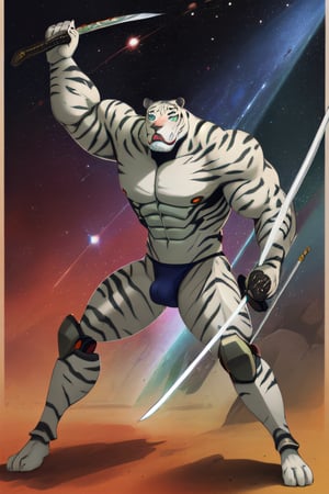 white tiger, mutant,solider,commander space, titan,muscle body, samurai style,humanoid,army, urmah warrior,ufo,green eyes,sword,big dick,power legs,thundercat