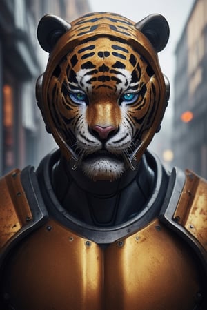 Portrait photo of muscular guy in a worn mech suit, ((light bokeh)), intricate, (steel metal [rust]), elegant, sharp focus, photo by greg rutkowski, soft lighting, vibrant colors, (masterpiece), ((streets)), (detailed face:1.2), (glowing blue eyes:1.1) big dick,white tiger mutant,golden armour,white tiger mutant face