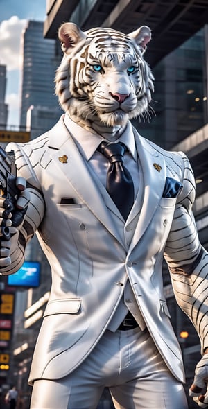 giant white tigger as a scarf, ultra high resolution, 8k photography, extremely detailed, (( realistic style white suit:1.3)) ,  Custom design, shining body, glowing look, full shining suit, body, hues.,, perfect custom, holding gun pistol, weapon master, muscle body,big dick,soldier futurist,james bond style,black suit,black jacket,Bblack costume