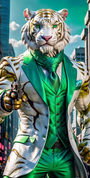 giant white tigger as a scarf, ultra high resolution, 8k photography, extremely detailed, (( realistic style green suit:1.3)) ,  Custom design, shining body, glowing look, full shining suit, body, hues.,, perfect custom, holding gun pistol, weapon master, muscle body,big dick,soldier futurist