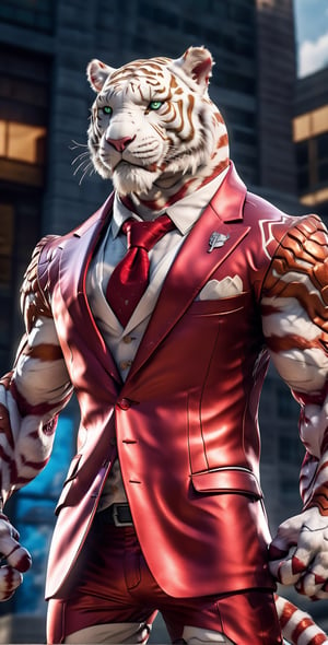 giant white tigger as a scarf, ultra high resolution, 8k photography, extremely detailed, (( realistic style red suit:1.3)) ,  Custom design, shining body, glowing look, full shining suit, body, hues.,, perfect custom, holding gun pistol, weapon master, muscle body,big dick,