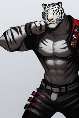 streetwear, white tiger, mutant, muscle body, samurai style, cyberpunk background, bright background,