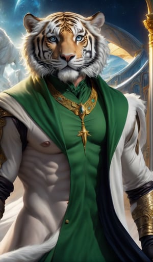 Create a (photorealistic):1,2 image of the highest quality featuring a male fairytale prince on a white tiger. Man full nude, emphasize his super muscular body, which is visible from under an expensive long cloak mantle trimmed with dark long fur, pay attention to his handsome face and large expressive gdazas. The horse on which he sits is a large, white one with a long mane. Detail the background of the fairyland and the field. Atmosphere of the fairyland where magic, light and magic reign.big_cheeks,mexican_guy_big_dick_