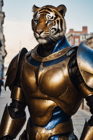 Portrait photo of muscular guy in a worn mech suit, ((light bokeh)), intricate, (steel metal [rust]), elegant, sharp focus, photo by greg rutkowski, soft lighting, vibrant colors, (masterpiece), ((streets)), (detailed face:1.2), (glowing blue eyes:1.1) big dick,white tiger mutant,golden armour,sword siver, in mars planet,handsome