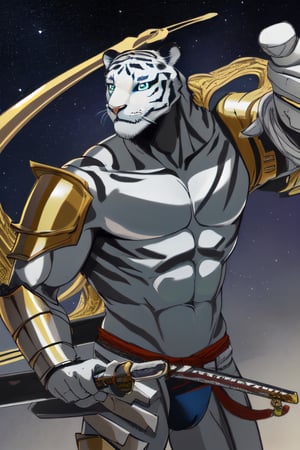 white tiger, mutant,solider,commander space, titan,muscle body, samurai style,humanoid,army, urmah warrior,ufo,green eyes,sword,big dick,golden armour,blue eyes,silver shield,golden claw,giant 