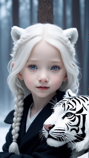(fantasy style, portrait of a little albino girl, close-up, extremely beautiful, long wavy hairstyle, beautiful gray eyes, wearing a black winter coat), cold atmosphere, winter theme, (((hugging the baby tiger))), snow , Game of thrones style, pine trees, dark storm clouds, fluffy clouds in the background, unreal engine, (masterpiece, intricate, epic details, sharp focus, dramatic and surreal oil painting),white tiger