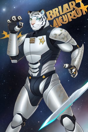 white tiger, mutant,solider,commander space, titan,muscle body, samurai style,humanoid,army, urmah warrior,ufo,green eyes,sword,big dick,golden armour,blue eyes,silver shield,golden claw,star trek ,logo,pilot_suit,power arms,smile,big ass