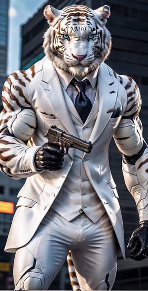 giant white tigger as a scarf, ultra high resolution, 8k photography, extremely detailed, (( realistic style white suit:1.3)) ,  Custom design, shining body, glowing look, full shining suit, body, hues.,, perfect custom, holding gun pistol, weapon master, muscle body,big dick,soldier futurist,james bond style,black suit,black jacket